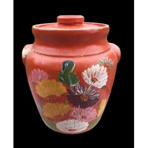 Antique Ransburg Red Asters Hand Painted Stoneware Lidded Cookie Jar/Crock